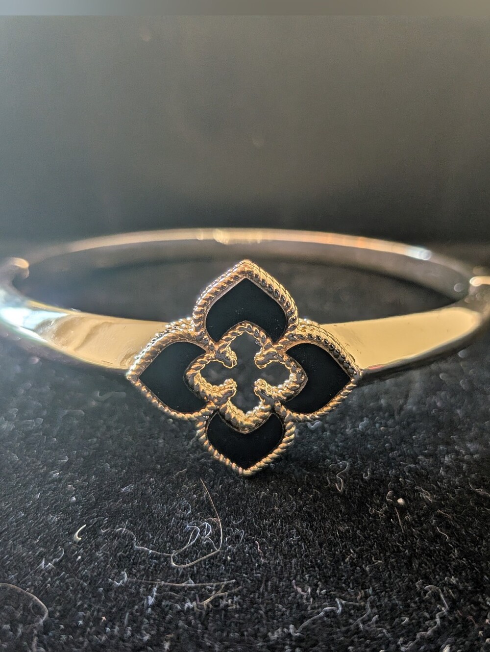 Silver Bangle Bracelet with Black Enamel Clover Motif
